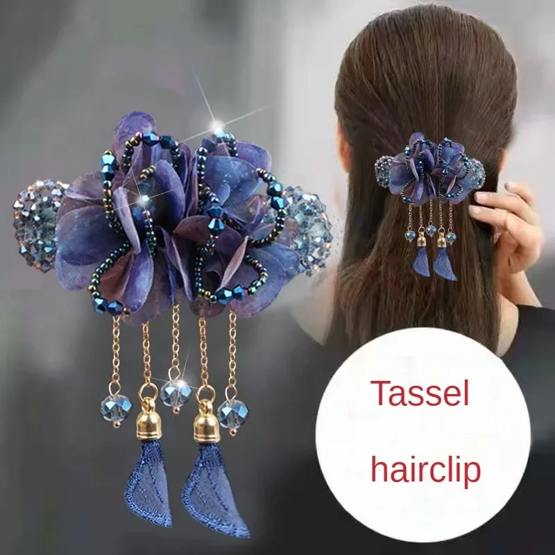 Fashion Elegant Yarn Flower Tassel Hairpin Hair Accessories for Women Retro Spring Clip Headwear Mom's Jewelry Bride Tiara Gift