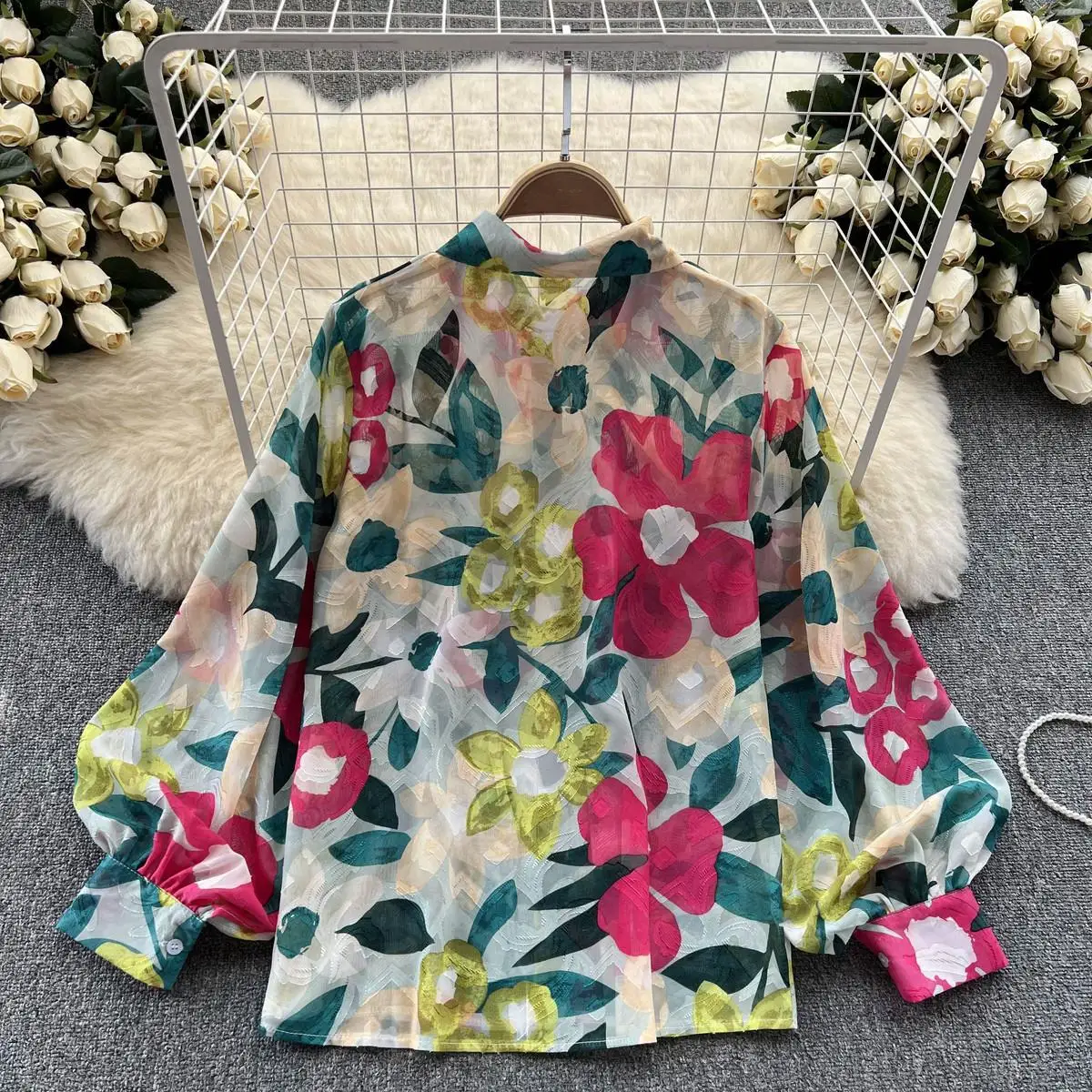 Vintage Flower Printed Lantern Long Sleeve Blouse Fashion Office Lady Floral Shirt Elegant Button Long Sleeve Tops Blusas 21620