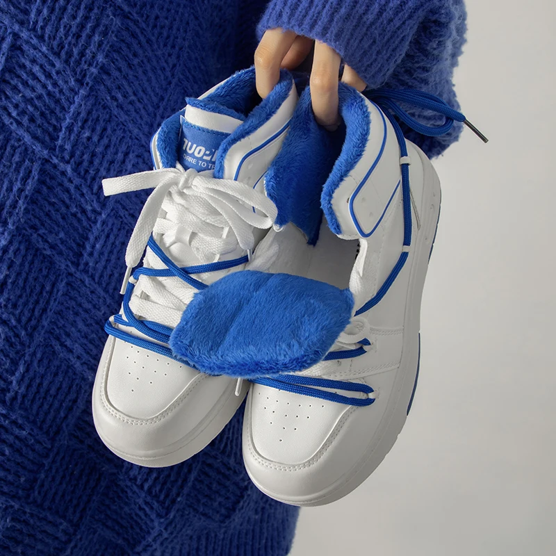 TuoPin Cotton shoes Blue autumn and winter warm high top plus pile board shoes Big head white sneaker【One size too small】