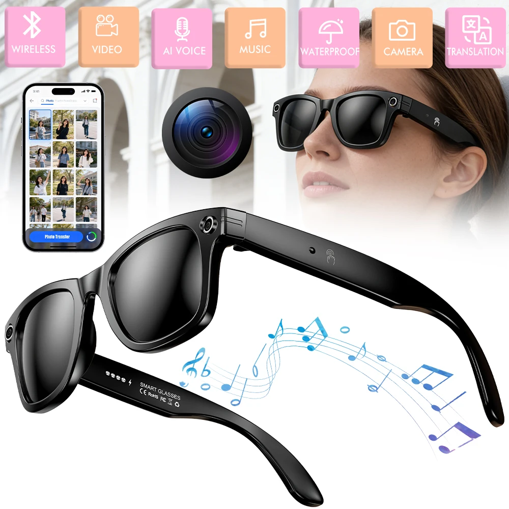 

Multifunctional Smart Sunglasses with 8MP Camera, Wireless Bluetooth Music & Calls, AI Q&A Translator, Hands-Free Voice Control, Waterproof Smart Eyewear for Men Women