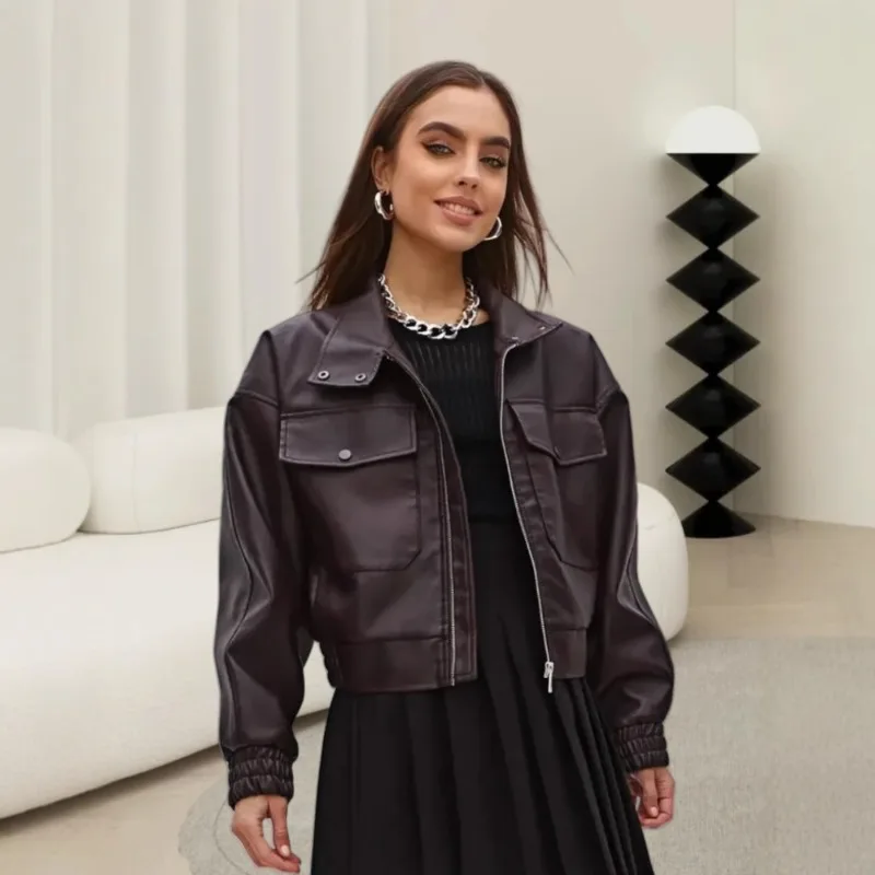 Women's Autumn Spring Top Coat Imitation Leather Cardigan Lapel Pocket Long Sleeve Retro Simple Casual Design Niche Versatile