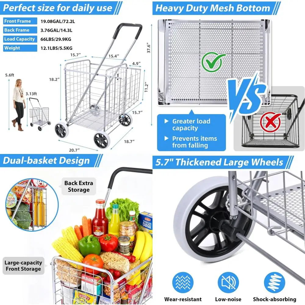 

Folding Shopping Cart with Double Baskets, Collapsible Grocery Rolling Utility Cart on Wheels, Metal Trolley with Mesh Bottom, C