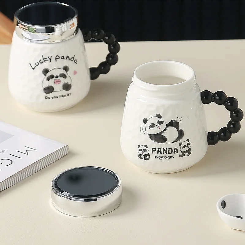 Cute Relief Panda Ceramic Cup High Appearance Level Cartoon Mug with Hand Gift Household Coffee Breakfast Milk Tumbler Cups