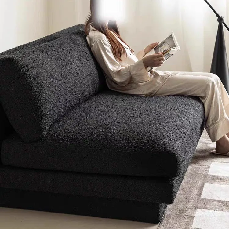 Straight row three-person double single sofa without armrests retro black lamb wool