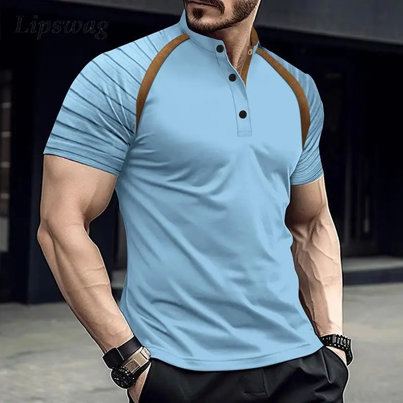 

2026 весна-лето модная полосатая рубашка поло мужские повседневные футболки с короткими рукавами на пуговицах спортивные тренировочные мужские облегающие пуловеры
