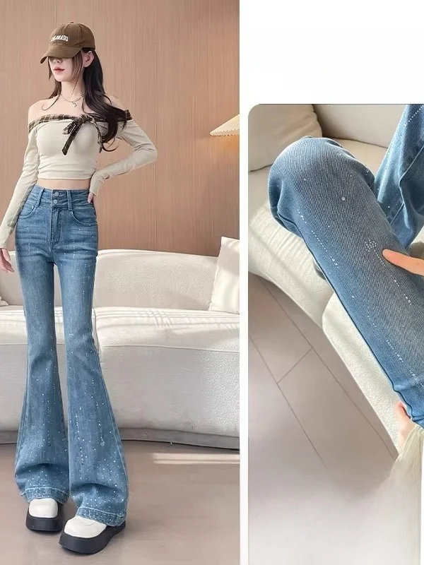 

High Waist Bell Bottom Jeans Women's Slim Fit plus Size Spring New Style Diamond Embellished Straight Leg Trousers