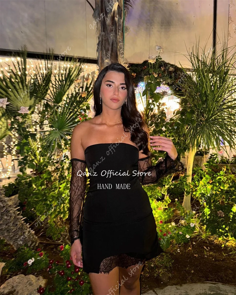 Qanz Simple Black Prom Dresses Mini Customized Dress Party Night Removable Long Sleeves Satin Corset Back Vestidos De Cocktail