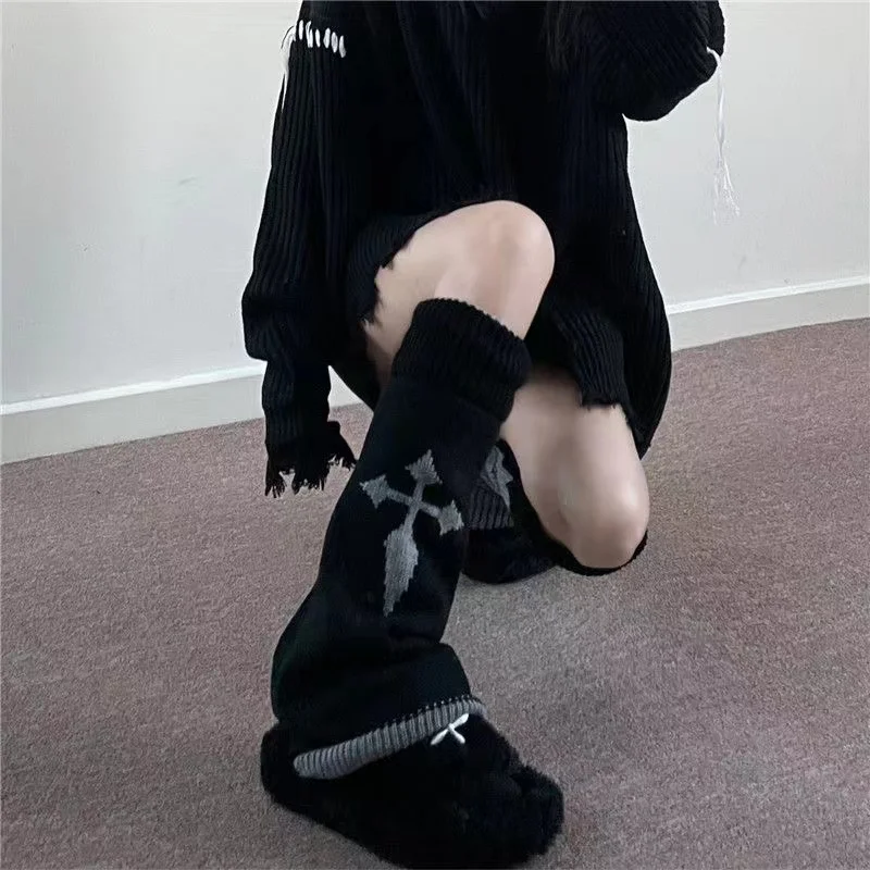 1 pair of punk cute y2k reversible women's calf pile socks for autumn and winter, funny and warm wide knit jk leg covers