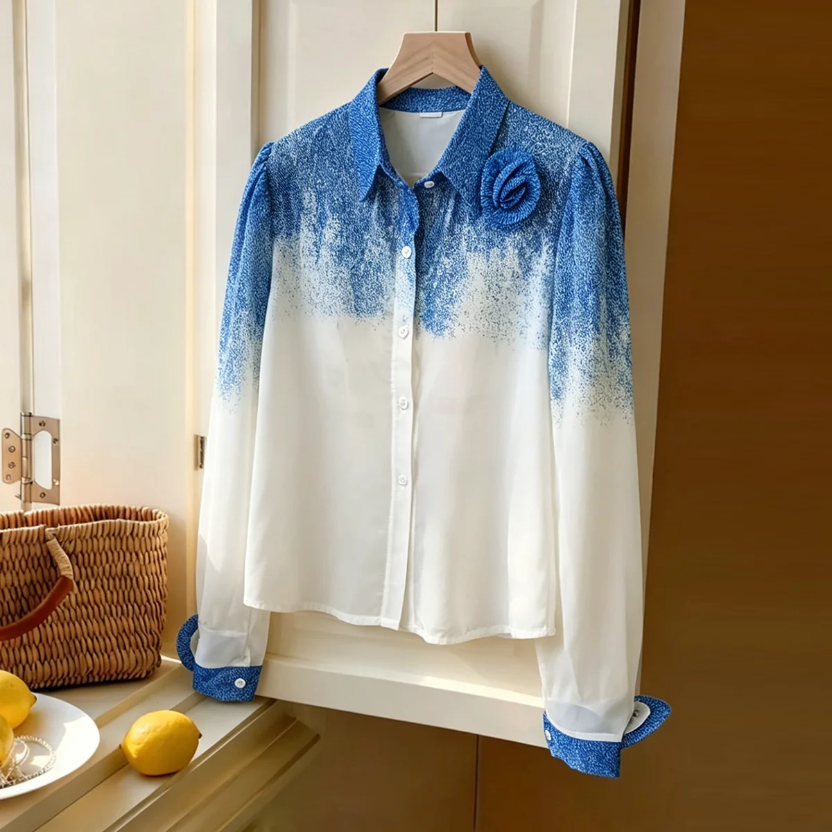 Summer Gradient Color Design Three-Dimensional Flower Casual Long Sleeve Shirt