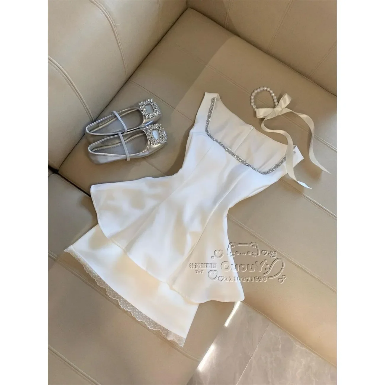 IMU French Elegant Coquette 2026 Summer Women 2 Piece Set Rhinestone Trim Lace Cami Top High Waist Bodycon Skirt Slim Fit Party