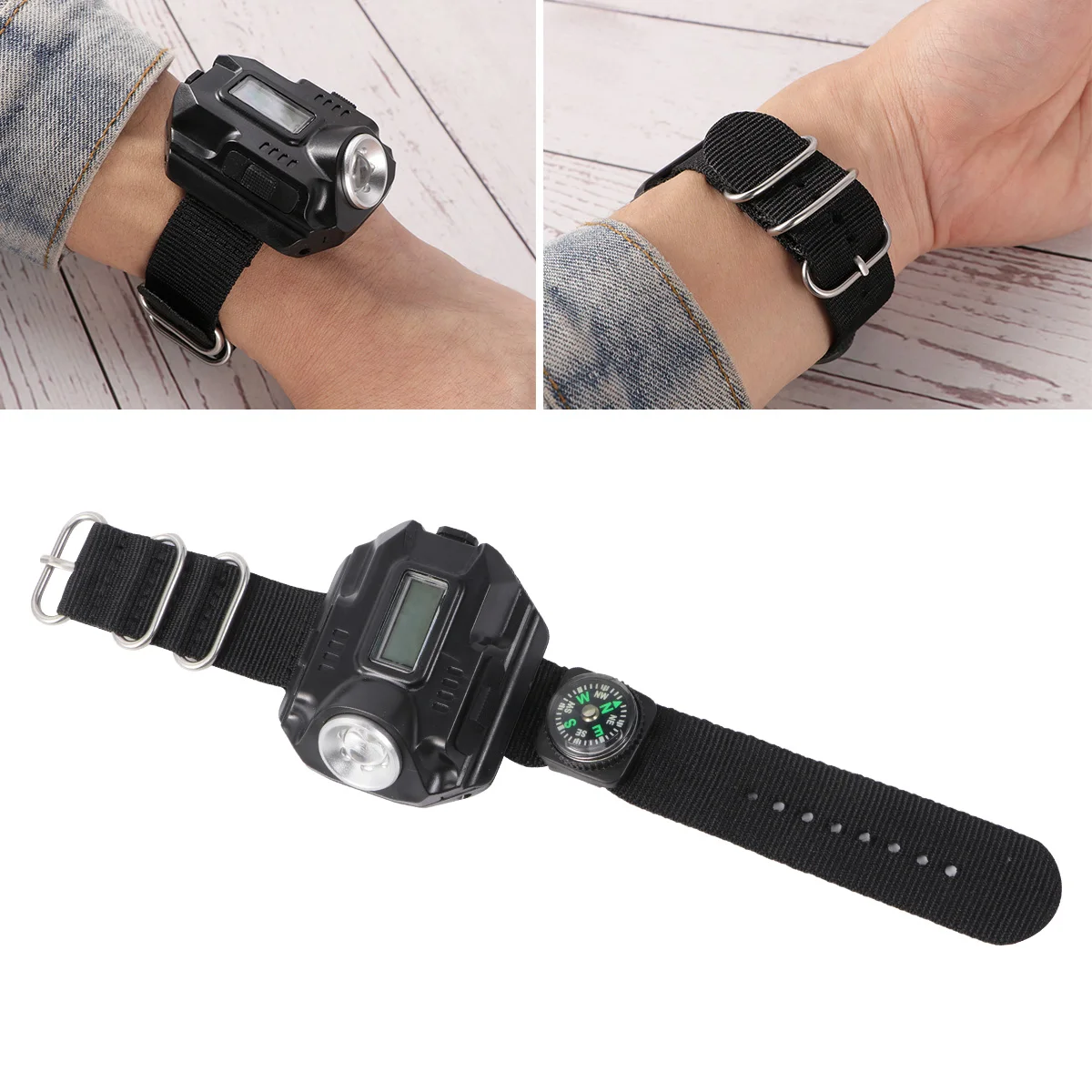 

LED Wristlight Watch Flashlight USB Rechargeable Adjustable Nylon Strap Metal Buckle Time Date Display Portable Camping Gear H