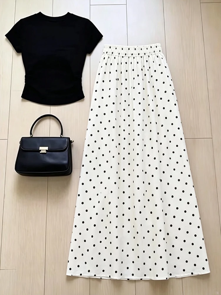Polka Dot A-Line  Skirt Women's Summer Straight Design Short Sleeve T-Shirt plus Size Fashionable Casual Skirts