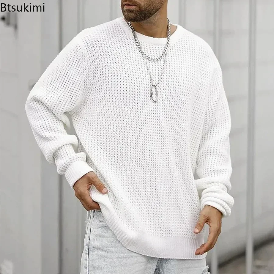 New 2024 Men's Knitted Sweater Top Autumn Winter Fashion Solid Color Loose Pullover Men's Casual Long Sleeve Round Neck Sweater