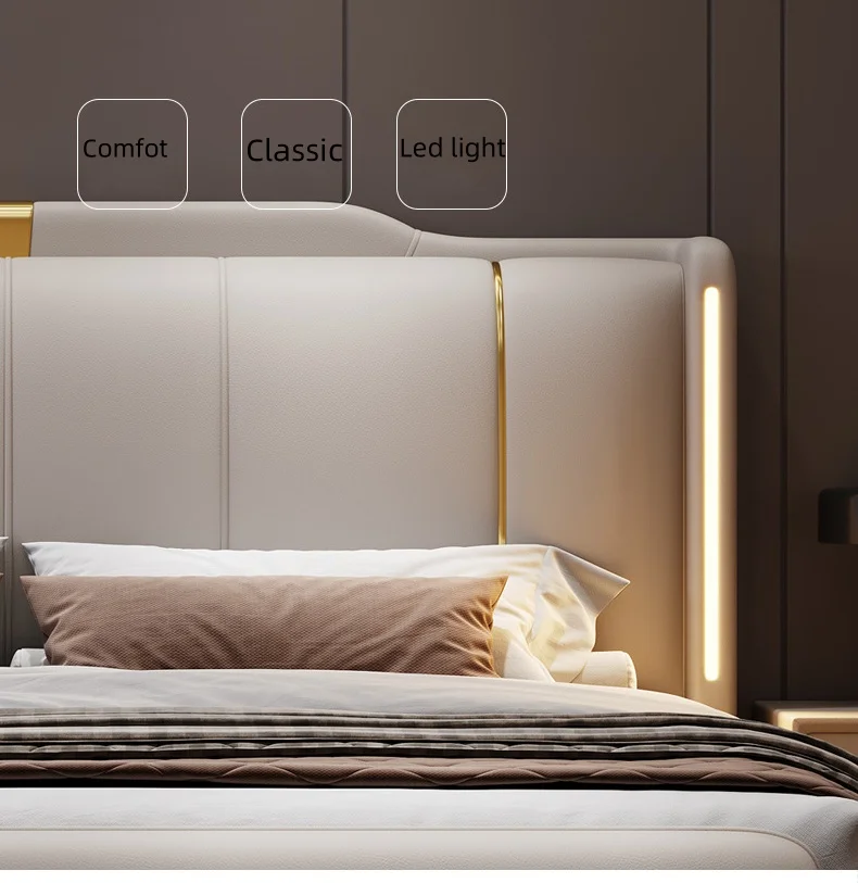 Wholesale Modern King Size Microfiber Leather Bed Luxury Bedroom Furniture Set Wooden Frame Soft Upholstered Beds Led Light - view 5