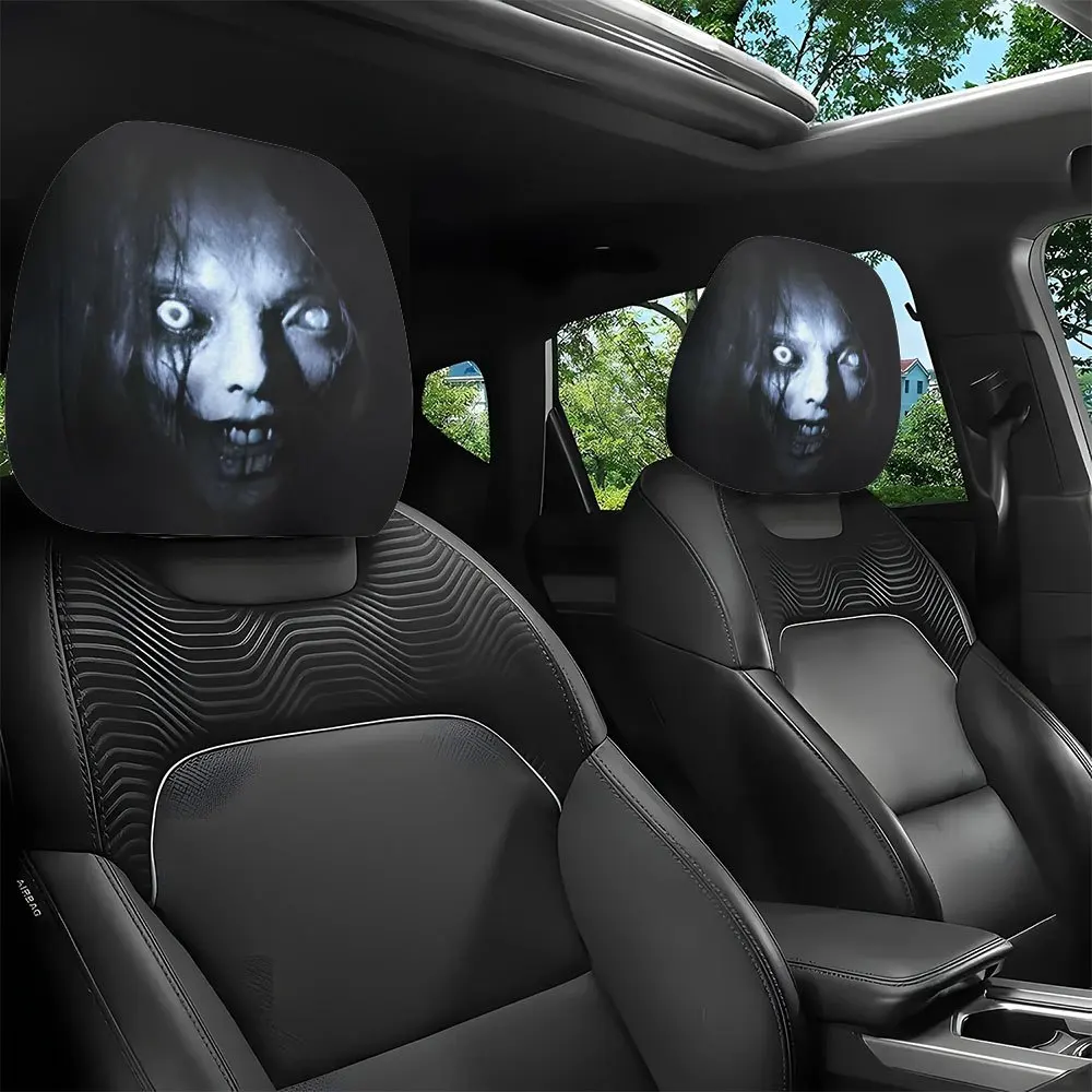 2pcs Spooky Female Ghost Printed Car Headrest Covers, Universally Suitable, Washable And Easy to Install