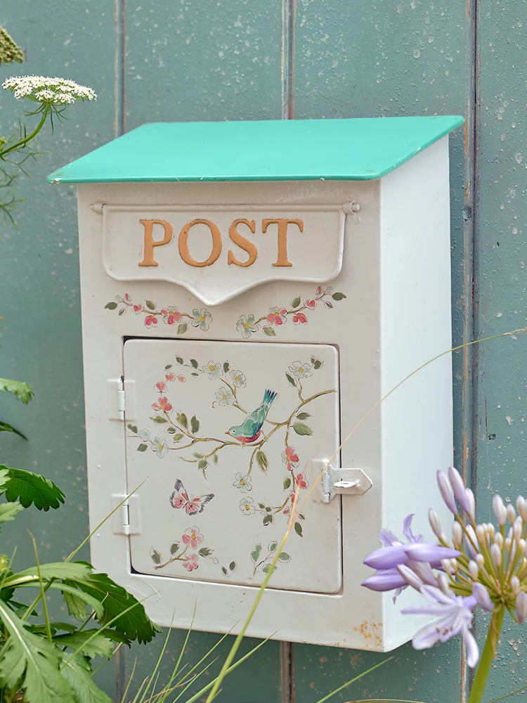 Garden Outdoor Mailbox, Metal Iron Post Box,European Style Vintage Letter Box, Size 22.5*12.5*31.5H CM, White Bird,Villa Family