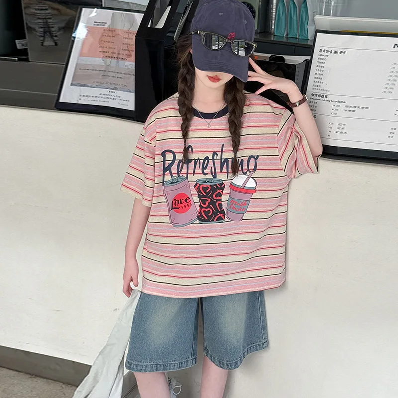 Girls Suit Summer 2026 Sweet Cute Cartoon Print Short Sleeve T Shirt And Denim Shorts Two Piece Set Children's Clothing