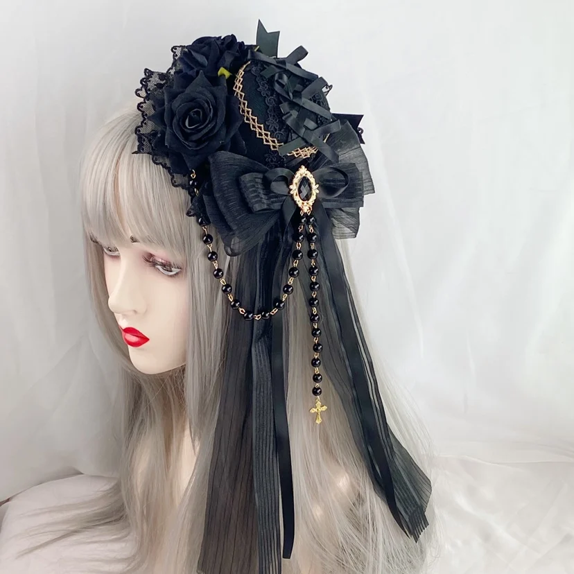 

Gothic Lolita Lace Bows Ribbons Black Hats Novelties Mini Top Hat Cocktail Tea Party Headwear with Flower Chain for Women Girls