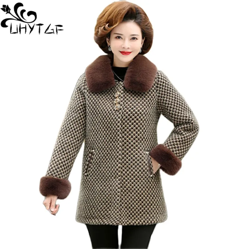 

UHYTGF Quality Mink Fleece Woolen Jackets Women Fashion Fur Collar Casual Warm Autumn Winter Coat Female 5XL Size Outerwear 1979