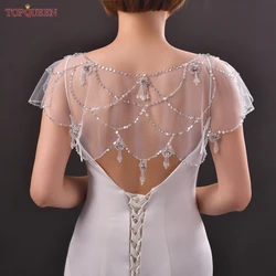 TOPQUEEN-Crystal Tassel Xaile De Noiva, Sheer Mesh, Wrap Do Casamento, Capa, Pescoço, Vestido Curto, Vestido de Festa, Bridal Collar, SG07