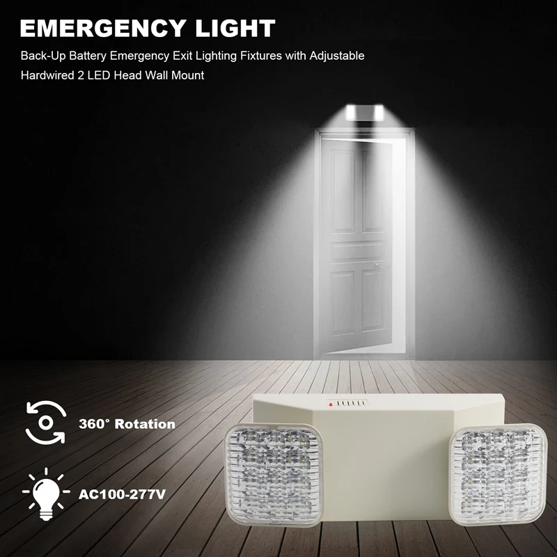 

Emergency Light, Back-Up Battery Emergency Exit Lighting Fixtures With Adjustable Hardwired 2 LED Head Wall Mount