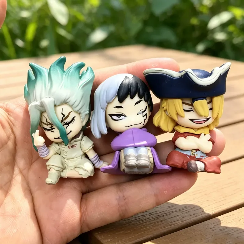 3pcs/Set Dr.Stone Shoulder Rest Sleeping Figure Q Version Mini Anime Doll Senku Gen Ryusui Car Desktop Ornament Capsule Toy Gift