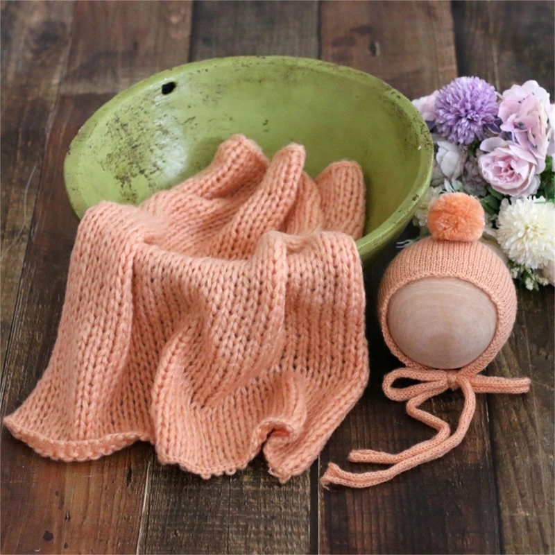 

Newborn Photography Props Pompoms Hat Wrap Set Baby Photo Costume Basket Rug