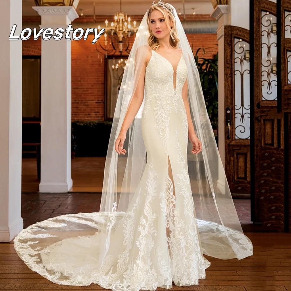 

Mermaid Wedding Dresses Luxury Customized Split V Neck Bride Dress Spaghetti Straps Lace Backless Bridal Gowns Vestido De Novia