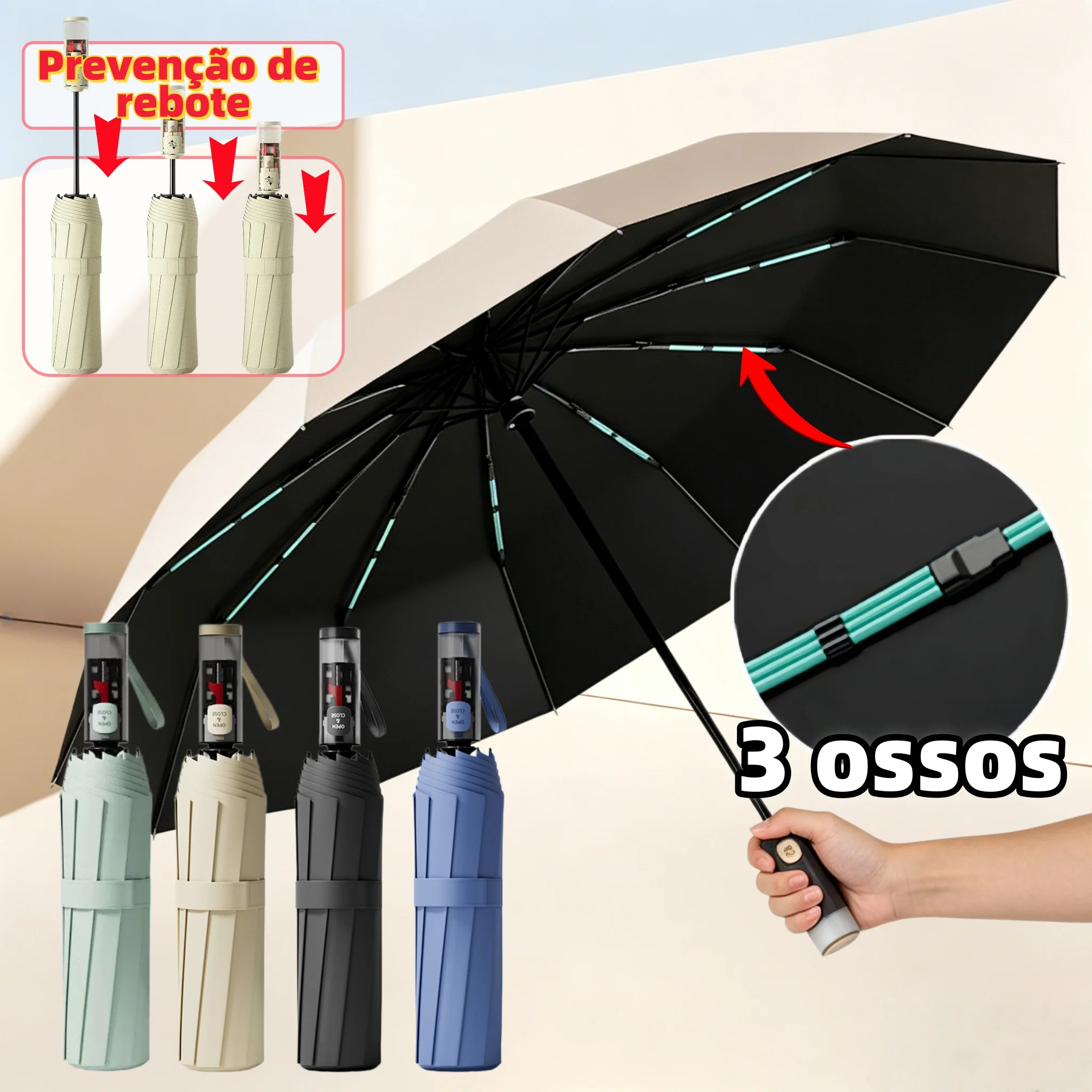 Guarda-Chuva Automático Antirrebote Dobrável para Sol e Chuva Resistente ao Vento Proteção UV
