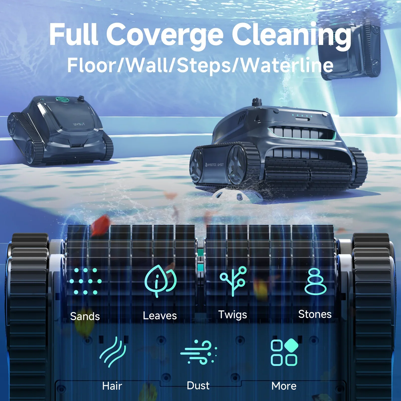 

Swimming Pool Robotic Cleaner Walls and Background for Large Family Pool Double Level Filtration Superior Suction Power APP