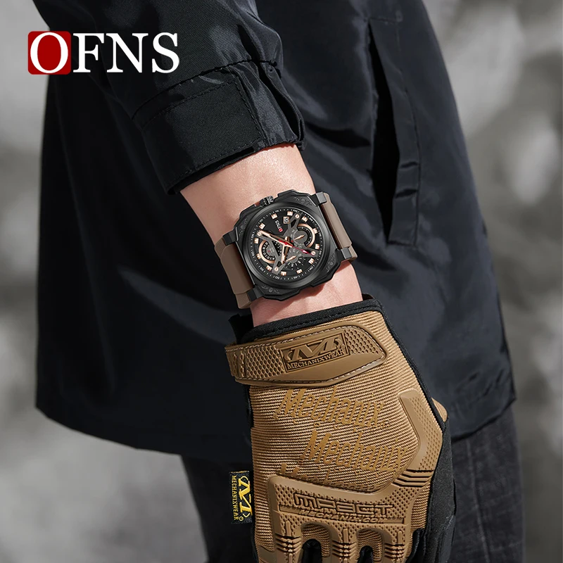 OFNS 8022 Watches Mens Quartz Top Brand Luxury Automatic Date Silicone Waterproof Sport Military Chronograph Wristwatch for Men