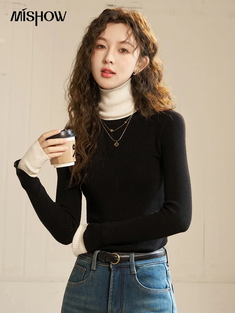 MISHOW Knitwear Women Turtleneck Contrast Sweater Knitted Bottoming Shirt Ladies Winter Slim Inner Fake Two Piece Top MXC58Z0474