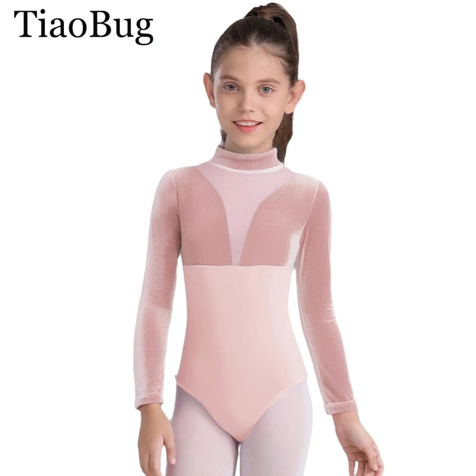 

Girls Gymnastics Ballet Dance Leotard Long Sleeves Velvet Mesh Patchwork Cotton Warm Ballet Bodysuit Workout Dancewear Costumes