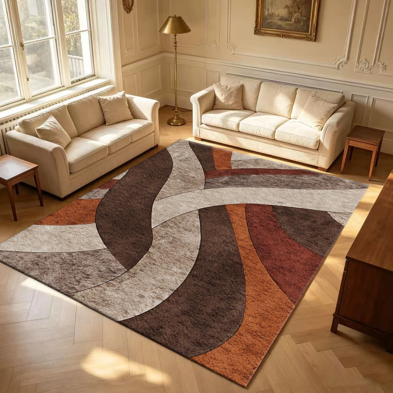 Vintage Curved Geometric Pattern Carpet Wave Line Abstract Print Floor Rug Suitable for Living Room Bedroom Indoor Home Decoration