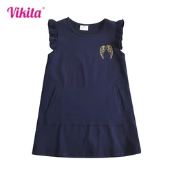 VIKITA Kids Flare Sleeve Dress Girls Wing Sequined Appliqued Dresses Girls Cotton Casual Dresses with Pockets Summer Dress 3-6Y