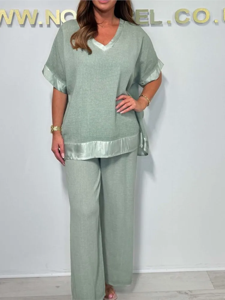 

Loose Casual 2 Piece Set Fashion V-neck Short Sleeved Pullover Top High Waist Trousers Set Women Pants Sets Commuting Clothing