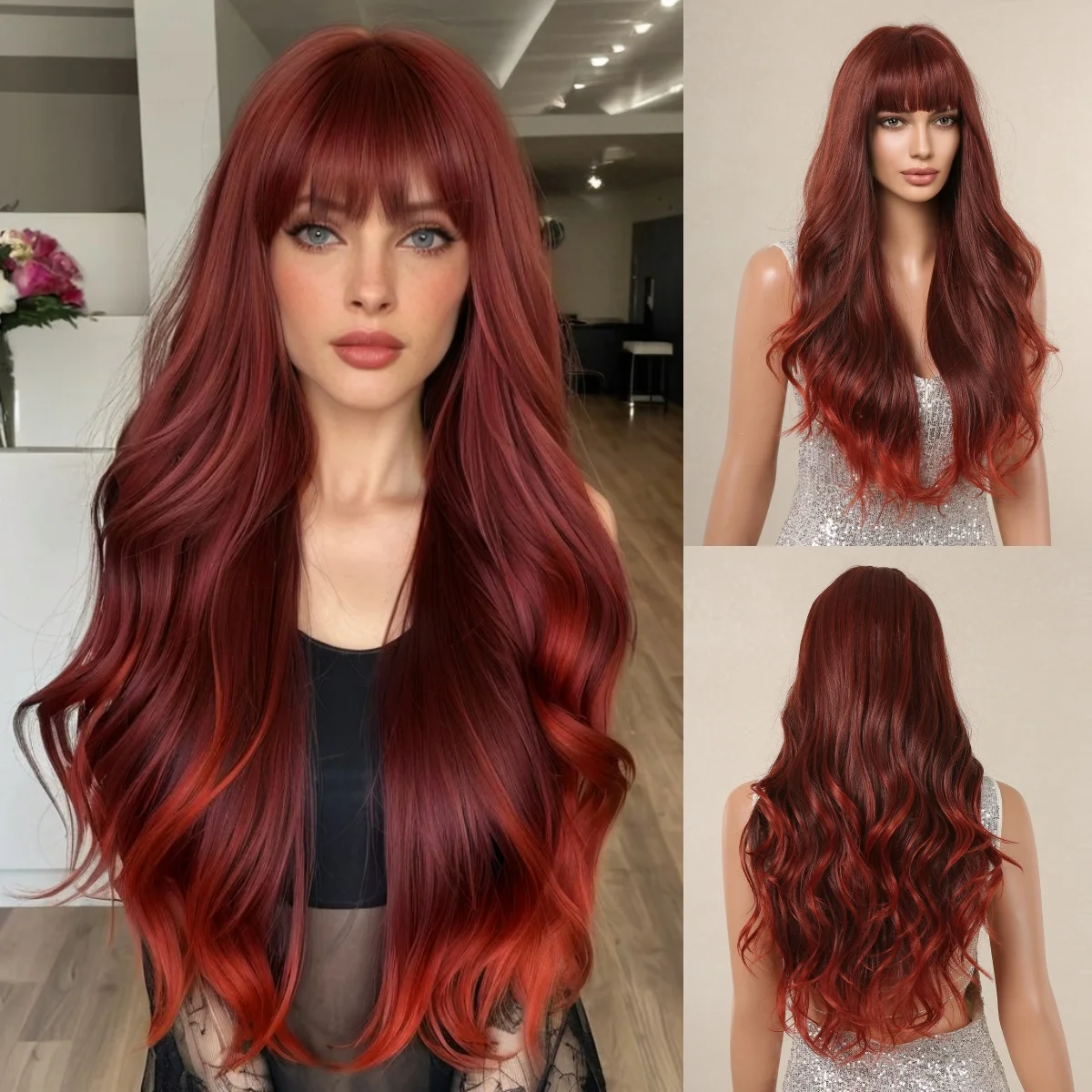 

Red Ombre Wavy Synthetic Hair Wigs with Bangs Long Body Wavy Wig for Women Party Lolita Cosplay Colored Fake Hair Heat Resistant
