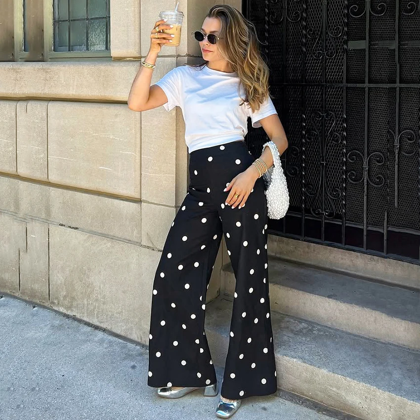 Linad Casual Polka Dot Loose Long Pants Women 2026 Street Chic High Waist Zipper Wide Leg Pants Spring Vintage Trousers Female