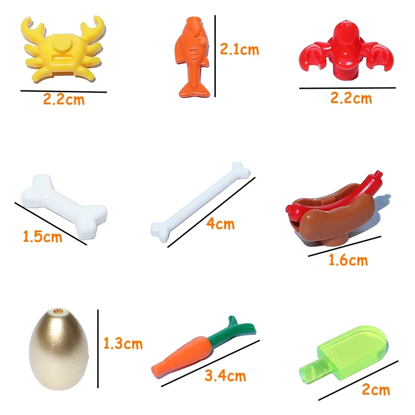 MOC اللبنات الغذاء الملحقات الغذاء الأسماك الخبز البيتزا الشوكولاته الفاكهة الجزرة همبرغر رقائق الدجاج زجاجة الطوب اللعب