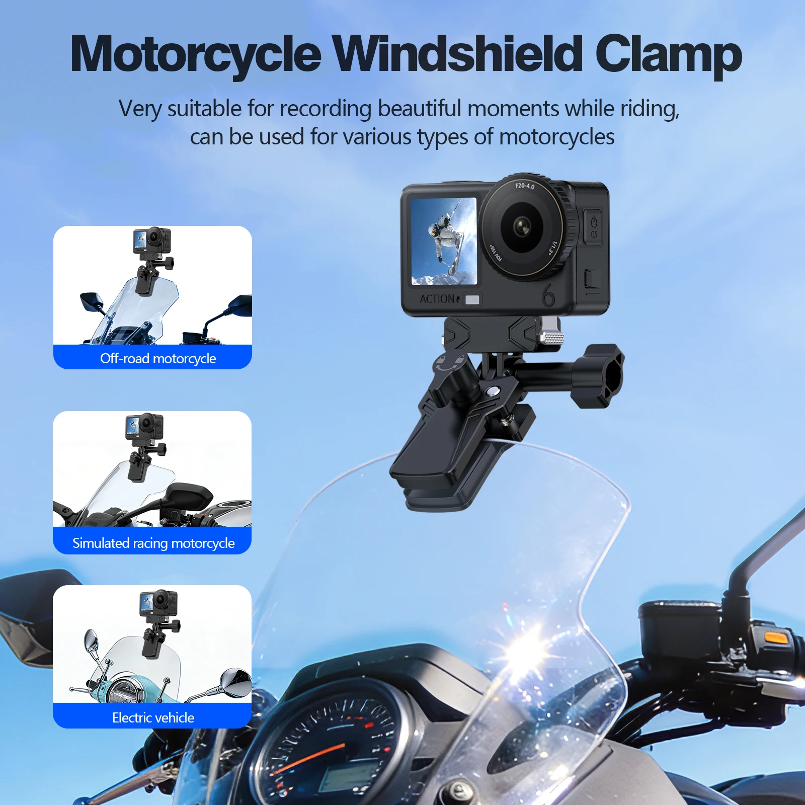 Motorcycle Windshield Clamp Clip, Compatible with GoPro、Hero、DJI Osmo 360/NANO、Action 3/4/5/6、Insta360 for POV Video Recording