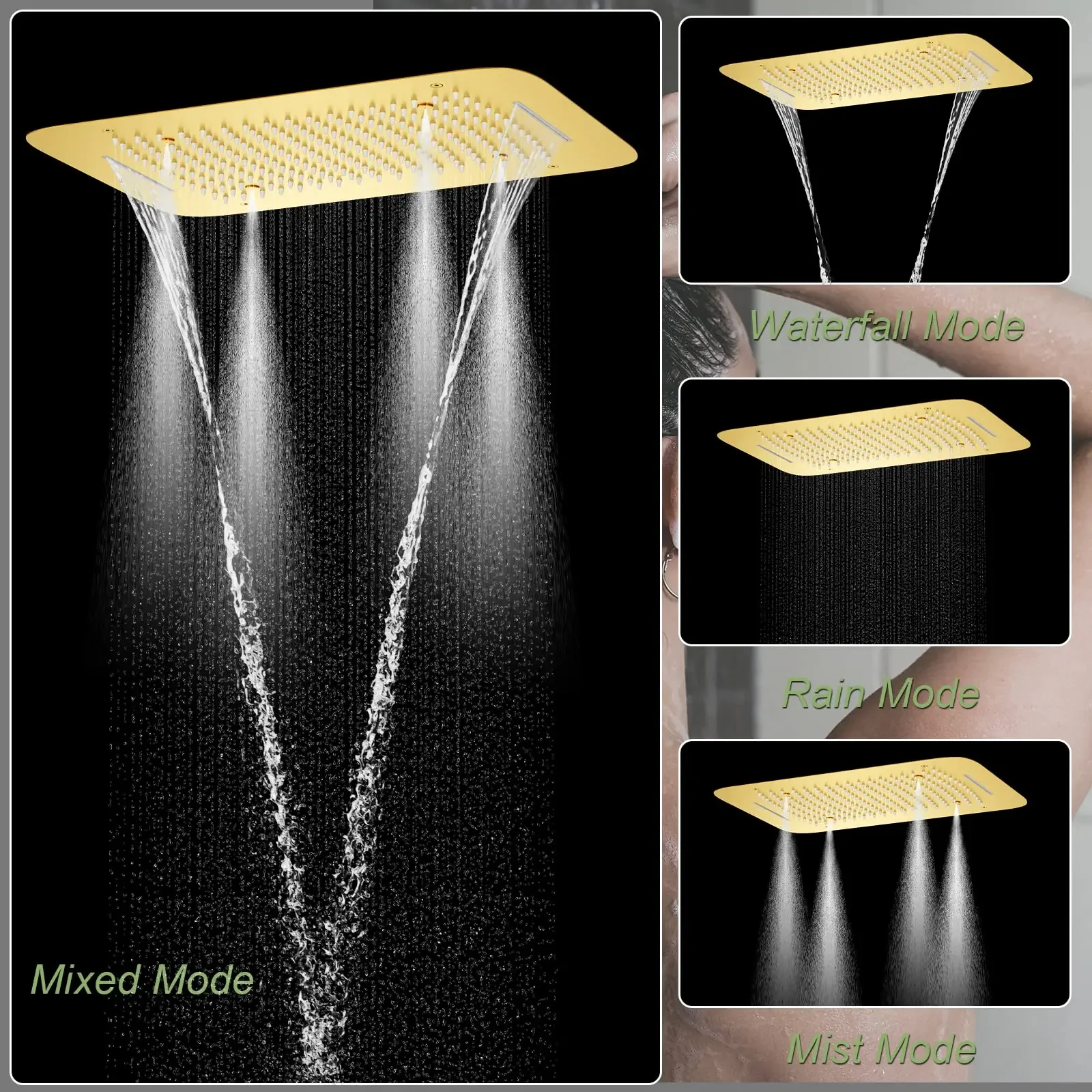 smart Brushed Gold ceiling mounted rainfall waterfall shower head rain massage 5 in 1 thermostatic Shower System set