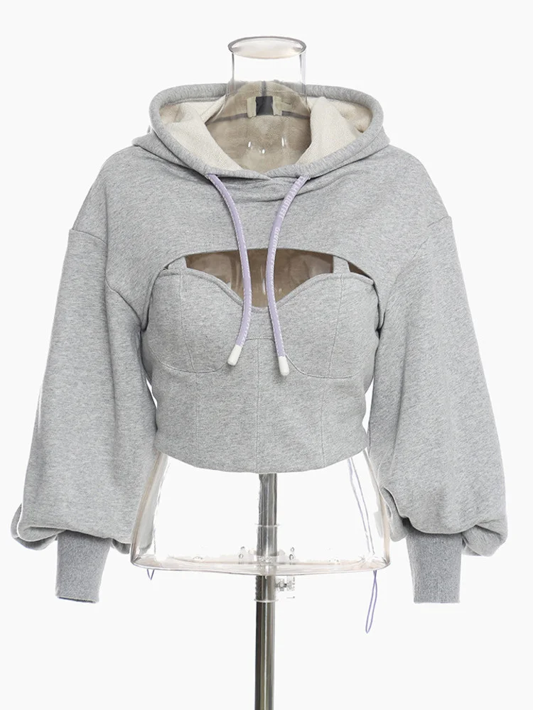 DEAT Fashion Women Pullovers Hooded Batwing Sleeve Drawstring High Waist Hollow Out Fake 2 Pcs Hoodies Spring 2024 New 17A7337