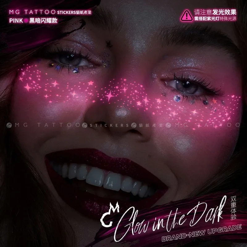 Glow in Dark Tattoo Stickers for Woman Freckles Fluorescent Night Luminous Fake Tattoo Face Art Sticker Pink Temporary Tattoos
