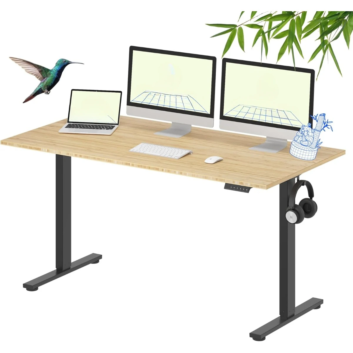 Bamboo Standing Desk, 60 X 30 Inches Whole-Piece Electric Adjustable Height Desk Sit Stand Desk, Home Office Table Stand Up Desk