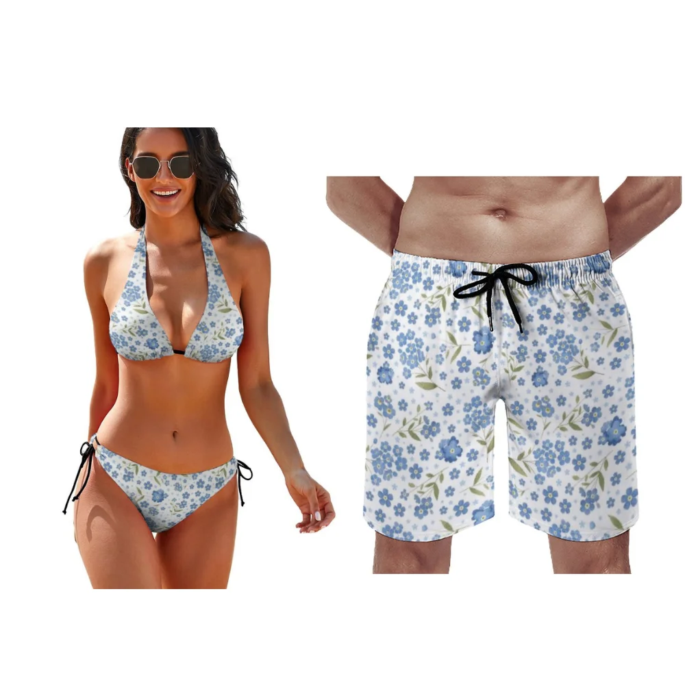 

Летние пляжные наряды для пар с цветочным узором, женские бикини, женские купальники, мужские пляжные брюки