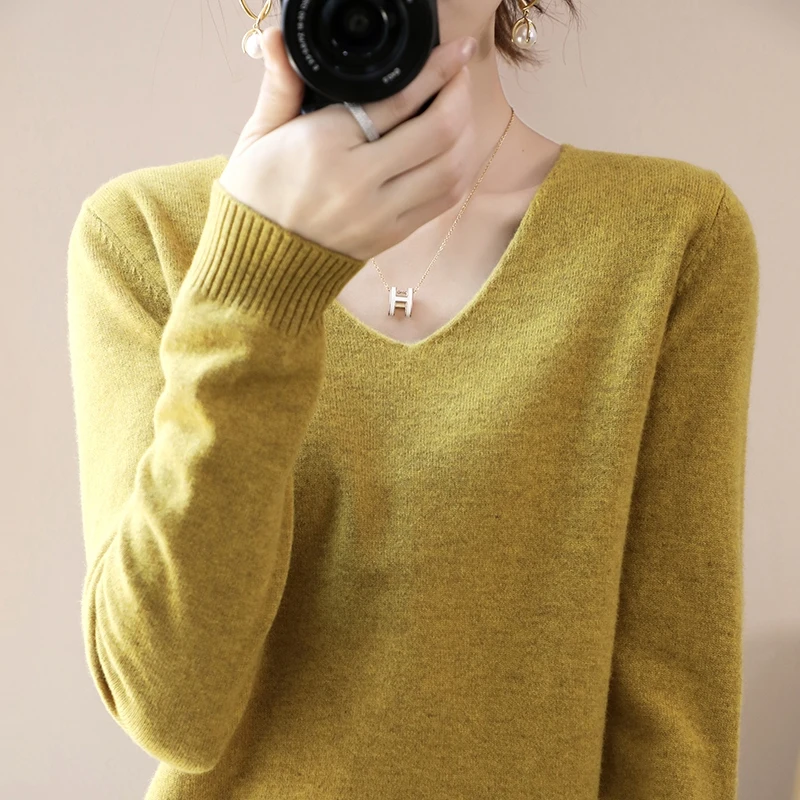 Autumn Winter New Cashmere Sweater Women Solid Color V-neck Pullovers Knitting Sweater Fashion Korean Long Sleeve Loose Tops