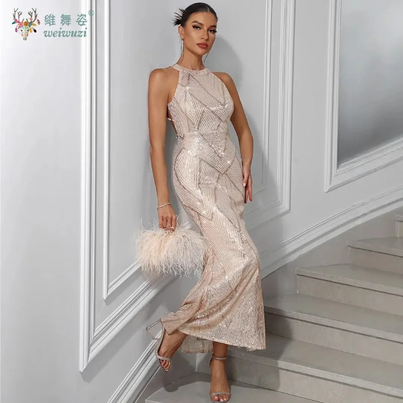 라운드넥 홀터넥 오프숄더 스팽글 파티 이브닝 드레스 섹시 비즈 백리스 하이웨이스트 롱 머메이드 이브닝 드레스