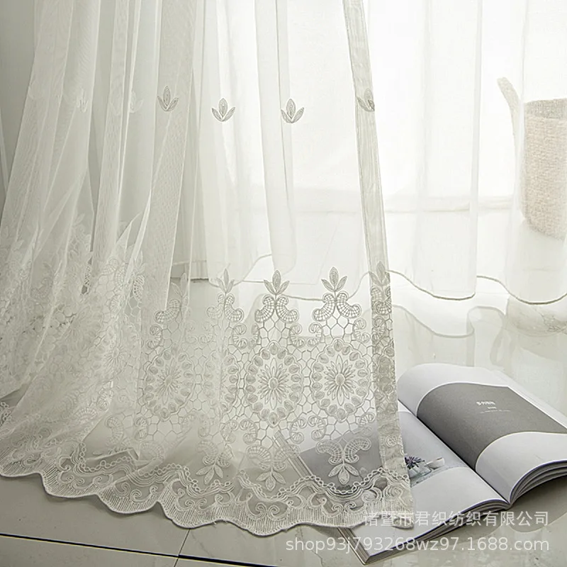 

European Modern Embroidered White Gauze Decoration Bedroom Living Room Balcony Curtain Tulle Finished Product