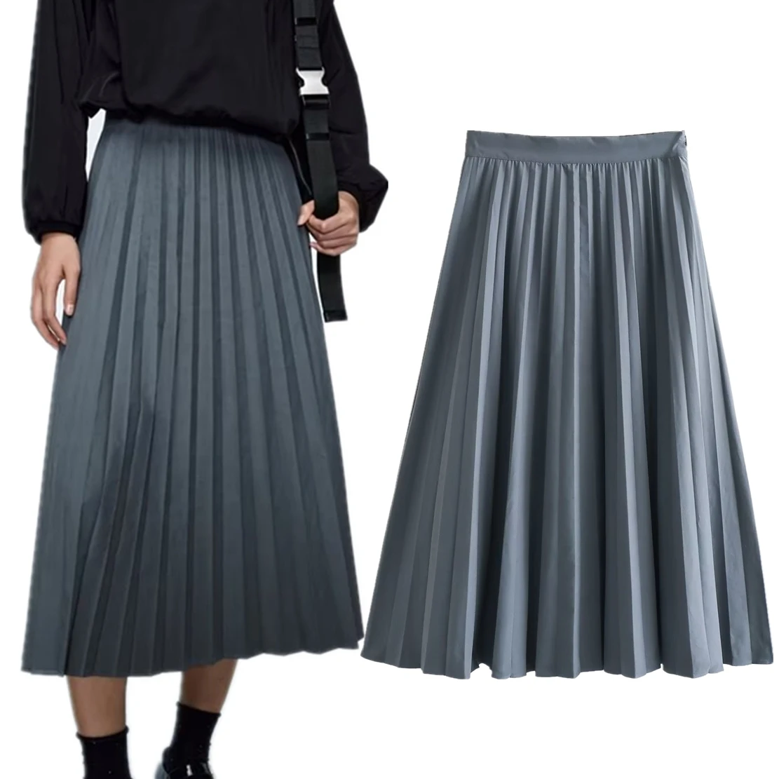 

Dave&Di New British Fashion Simple Pleated Skirt Blue High Waist A-line Midi Skirt Women