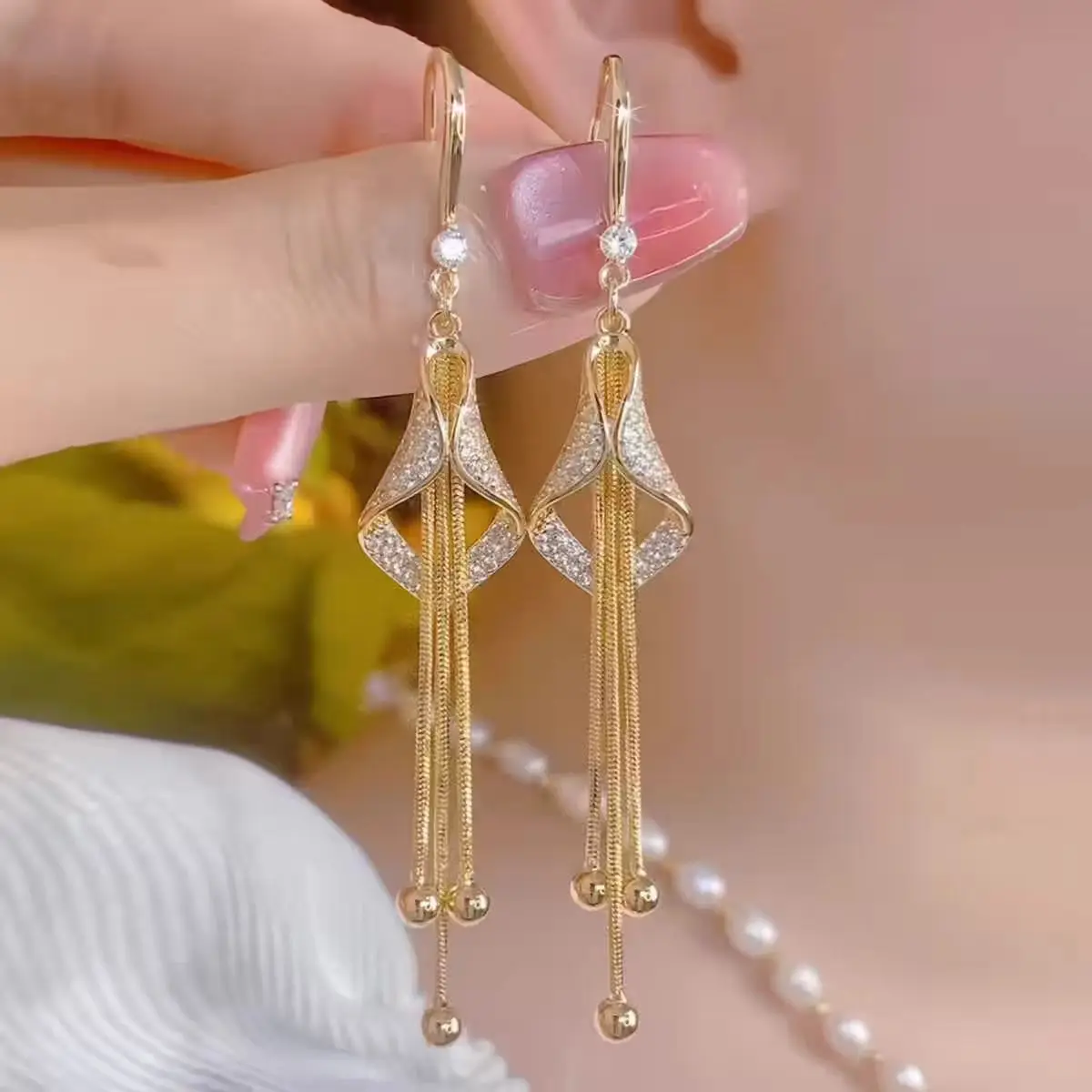 

Lab-Grown Diamond Tassel Earrings in 14K Gold, 925 Silver Plated with 18K Gold and Diamonds, Fashion Fine Jewelry Earrings